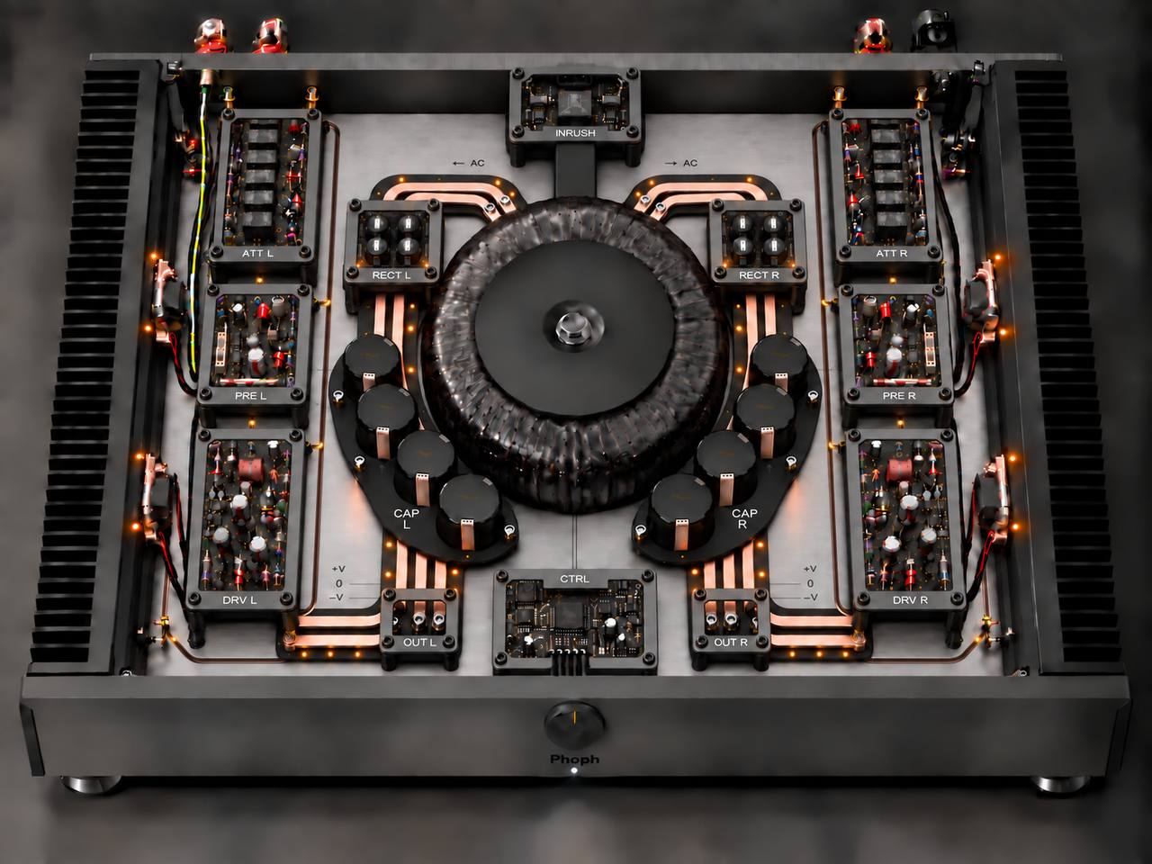 The Field, open, seen from above: copper busbars, graphite modules, the transformer at the centre of the plate