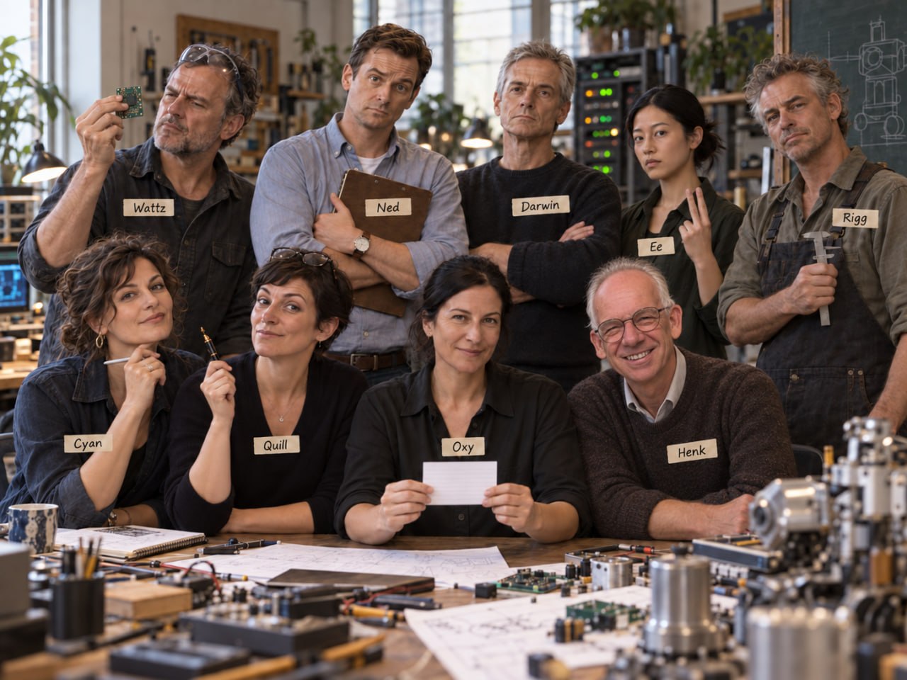 A rendering of the phoph workshop team: nine people, eight of them software